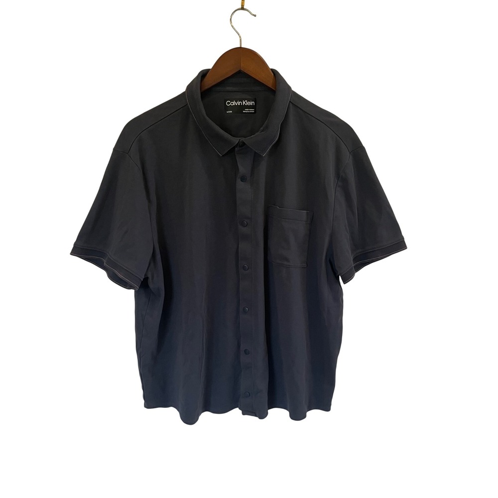 Calvin Klein XL Charcoal Gray Snap Front Short Sleeve Shirt Chest Pocket 095